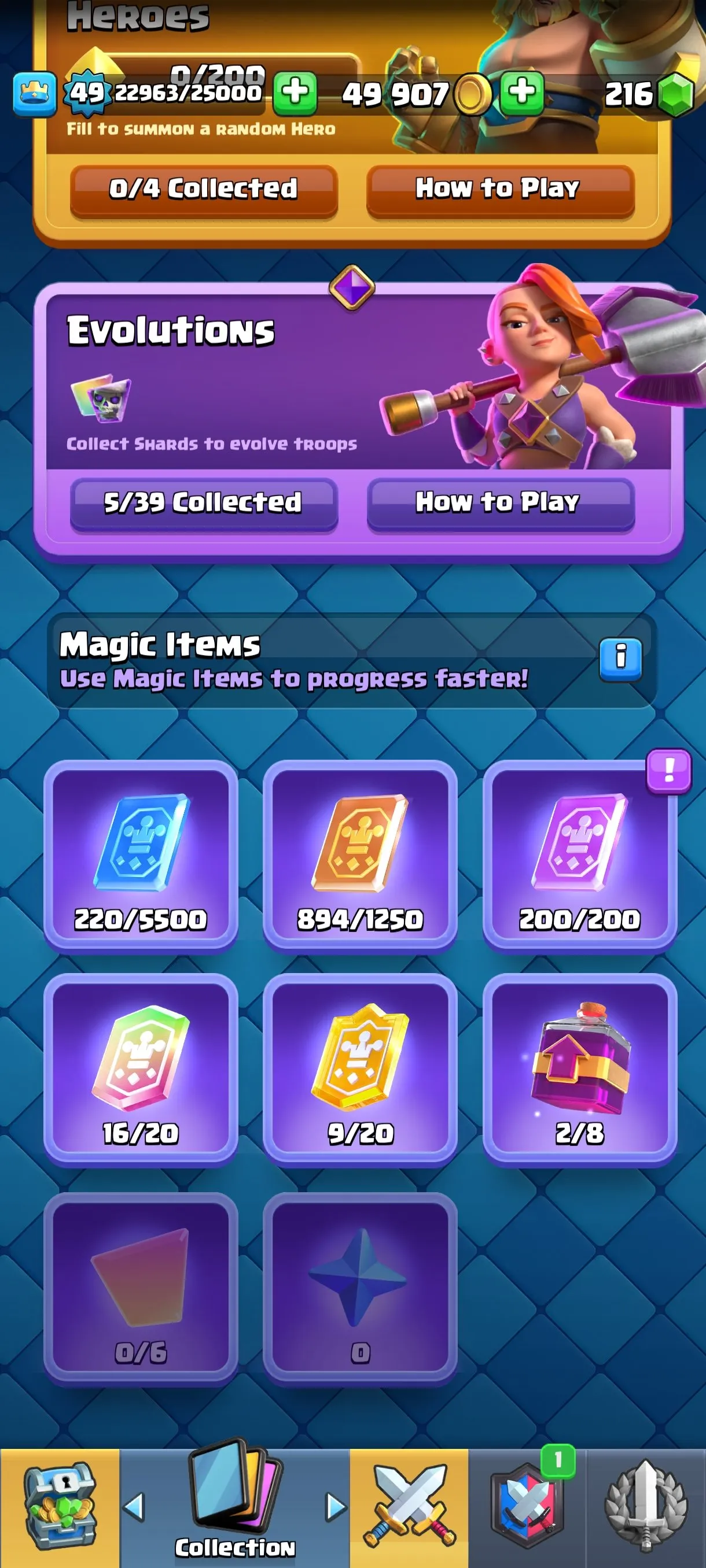 CR565 Maxed 10k Trophies Level 49 star 5 Evolutions 121 Cards 51 Emotes 3 Tower Skins 216 Gems