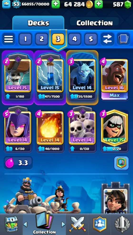 CR720 7.5k Trophies Level 53 Hog Deck One Level 16 Hog Rider Three Level 15 Bandit Witch Skeleton Barrel Five Evolutions 19 Legendary Cards 120