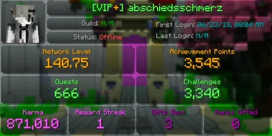 MC49 // VIP+ 263 Star BW, 140 Hypixel Level, 6 Capes (Menace, Home, Pan, Migrator, Yearn, Common), Glorious Kill Message