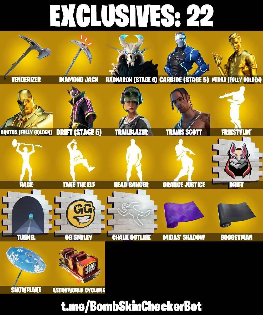 ❤️112 SKINS❤️TRAVIS SCOTT❤️JOHN WICK❤️TRAILBLAZER❤️FREESTYLIN❤️OMEGA❤️ORANGE JUSTICE❤️MANDALORIAN❤️ZOEY❤️ROOK❤️ONESIE❤️HOPE❤️DRIFT(STAGE 5)❤️RAGNAROK(STAGE 6)❤️CARBIDE(STAGE 5)❤️AGENT PEELY❤️YULETIDE RANGER❤️SNOWFLAKE❤️ICE BREAKER❤️TAKE THE ELF❤️