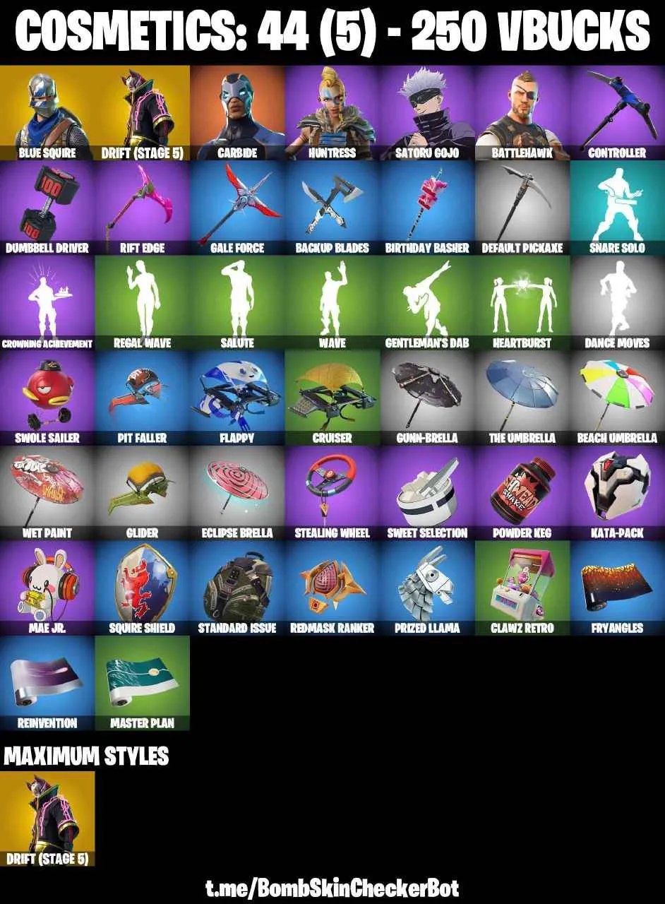 ❤️6 SKINS❤️44 COSMETICS❤️SATORU GOJO❤️BLUE SQUIRE❤️DRIFT(STAGE 5)❤️CAN PLAY ON PSN❤️XBOX❤️PC❤️NINTENDO❤️MOBILE❤️250 VBUCKS❤️FULL EMAIL ACCESS❤️