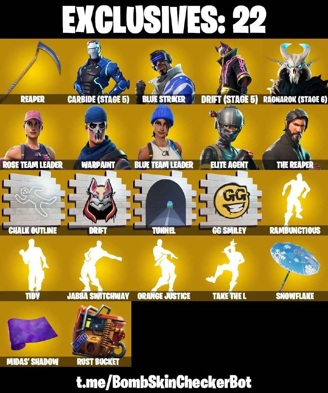 ❤️72 SKINS❤️TAKE THE L❤️THE REAPER❤️ELITE AGENT❤️ORANGE JUSTICE❤️JABBA SWITCHWAY❤️RAMBUNCTIOUS❤️TIDY❤️OG STW❤️JOLTARA❤️SKULL TROOPER❤️OMEGA❤️MANDALORIAN❤️RAVENPOOL❤️CUDDLEPOOL❤️SATR WAND❤️ZOEY❤️ROOK❤️JULES❤️DRIFT(STAGE 5)❤️RAGNAROK(STAGE 6)❤️