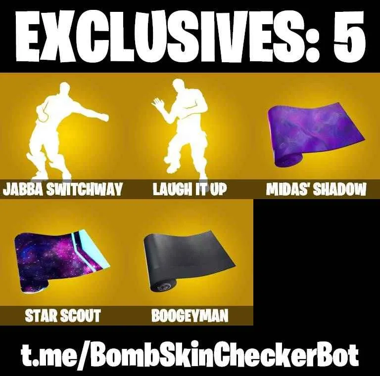 ❤️114 SKINS❤️JABBA SWITCHWAY❤️BACKLASH❤️SNAKE EYES❤️GOLDEN LARA CROFT❤️FULL BESKAR MANDALORIAN❤️RACHEL ROTH❤️TRACY TROUBLE❤️MASTER CHIEF❤️SKULL TROOPER❤️SPIDER-MAN❤️LAUGH IT UP❤️INTRODUCING❤️STAR WAND❤️PREDATOR❤️VI❤️GALAXIA❤️EVIE❤️CHARLOTTE❤️KOR❤️TSUKI 2.0❤️