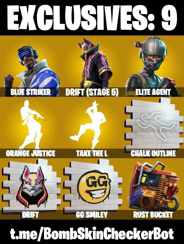 ❤️15 SKINS❤️TAKE THE L❤️ELITE AGENT❤️ORANGE JUSTICE❤️DRIFT(STAGE 5)❤️BLUE STRIKER❤️TEKNIQUE❤️SUN STRIDER❤️ROGUE AGENT❤️RUST BUCKET❤️CAN PLAY ON PSN❤️XBOX❤️PC❤️NINTENDO❤️MOBILE❤️0 VBUCKS❤️FULL EMAIL ACCESS❤️