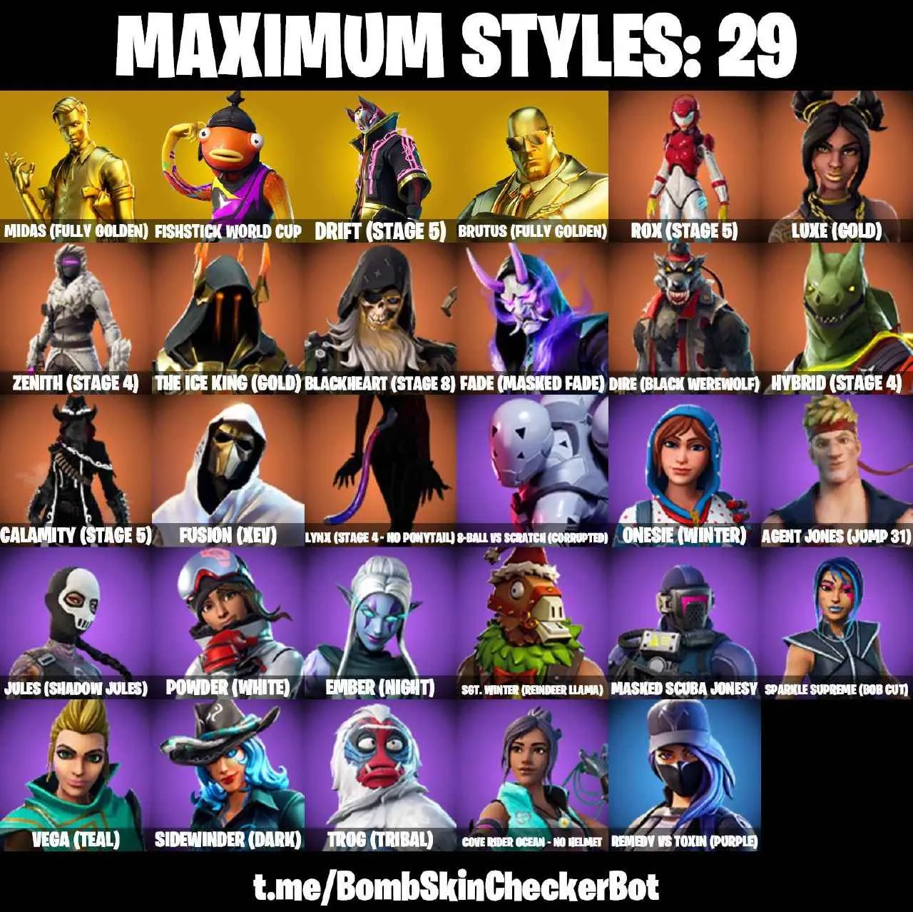 ❤️125 SKINS❤️FISHSTICK(MAX)❤️WHIPLASH❤️BRIANIAC❤️LARA CROFT❤️MANDALORIAN❤️SPIDER-MAN❤️TOY TROOPER❤️GOLDEN MIDAS❤️MAYA❤️ONESIE(MAX)❤️JULES(MAX)❤️TSUKI 2.0❤️CHARLOTTE❤️TOONA FISH❤️AGENT PEELY❤️ASTROWORLD CYCLONE❤️RUST BUCKET❤️PEPPERMINT PICK❤️CAN PLAY ON PSN❤️
