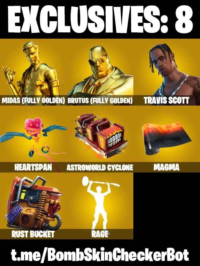 ❤️83 SKINS❤️TRAVIS SCOTT❤️GET GRIDDY❤️RACHEL ROTH❤️LARA CROFT❤️GOLDEN MIDAS❤️JULES(MAX)❤️AGENT PEELY❤️POISED PLAYMAKER❤️NOG OPS❤️CRYSTAL❤️SUNFLOWER❤️BIRDIE❤️ASSAULT TROOPER❤️RUWNAY RACER❤️ICE BREAKER❤️PEPPERMINT PICK❤️ASTROWORLD CYCLONE❤️RUST BUCKET❤️