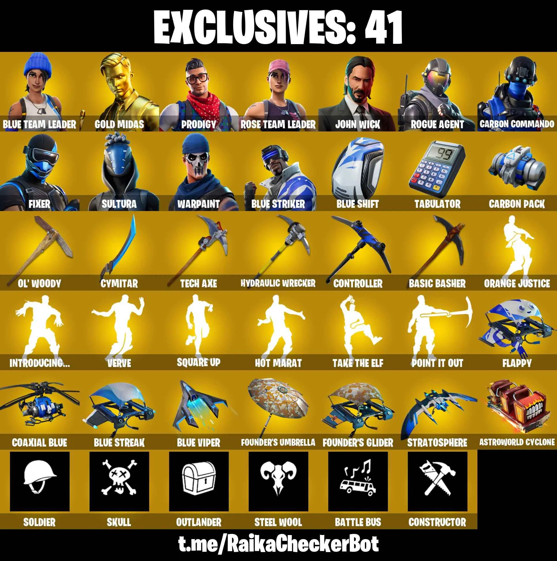 ❤️95 SKINS❤️OMEGA❤️JOHN WICK❤️OG STW❤️INTRODUCING❤️GOLDEN MIDAS❤️MAYA❤️ONESIE(MAX)❤️ZOEY❤️ROOK❤️HOPE❤️AGENT PEELY❤️MERRY MARAUDER❤️DRIFT(STAGE 5)❤️RAGNAROK(STAGE 6)❤️CALAMITY(STAGE 5)❤️LYNX(STAGE 4)❤️SIDEWINDER(MAX)❤️ASTROWORLD CYCLONE❤️SNOWFLAKE❤️