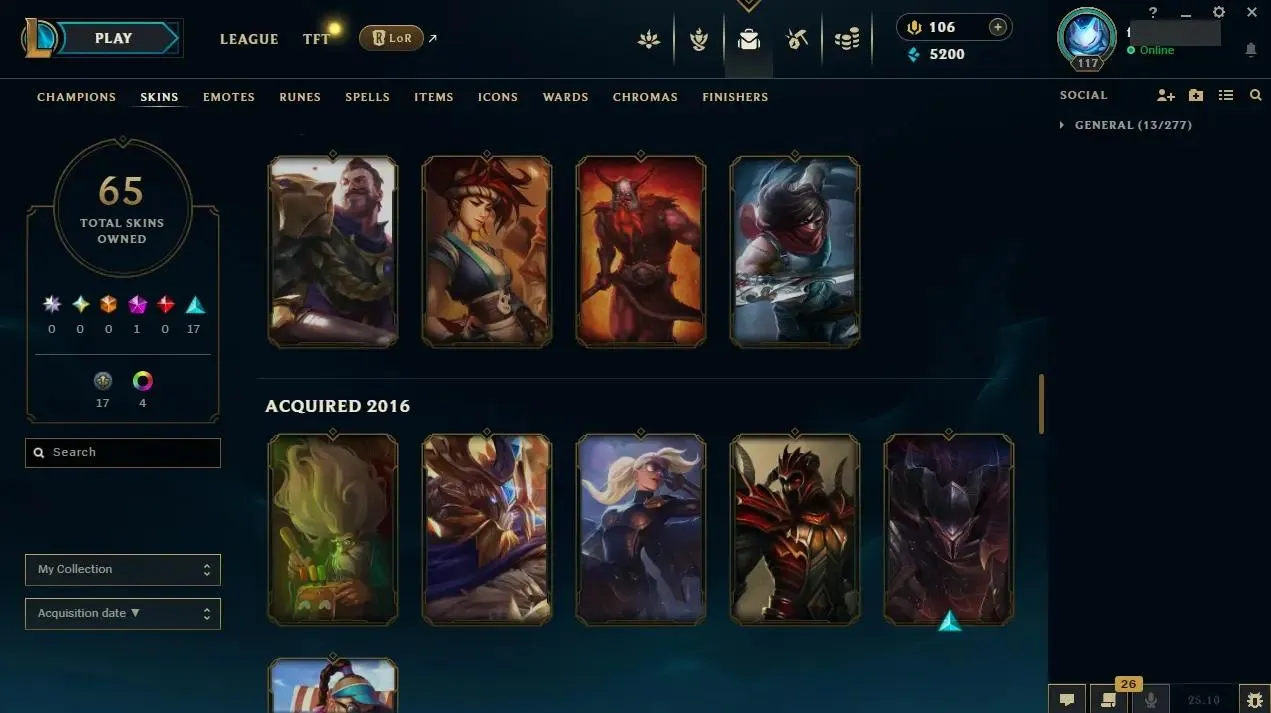 EUW ⭐ Hand-made ⭐ LV: 117 ⚡ ♟️ Champs: 155 🎨 Skins: 65  💰 BE: 5200 👑 1st Owner