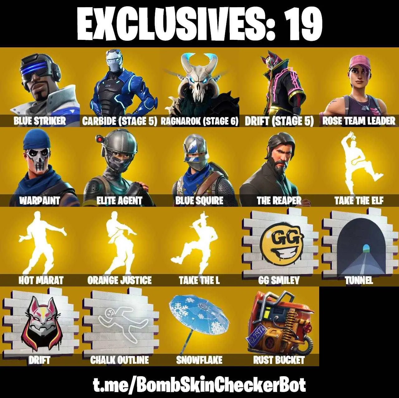 ❤️58 SKINS❤️TAKE THE L❤️THE REAPER❤️ELITE AGENT❤️BLUE SQUIRE❤️OG STW❤️OMEGA❤️SKULL TROOPER❤️ORANGE JUSTICE❤️STAR WAND❤️ZOEY❤️ROOK❤️ONESIE❤️DRIFT(STAGE 5)❤️RAGNAROK(STAGE 6)❤️CARBIDE(STAGE 5)❤️SNOWFLAKE❤️RUST BUCKET❤️CAN PLAY ON PSN❤️PC❤️NINTENDO❤️MOBILE❤️