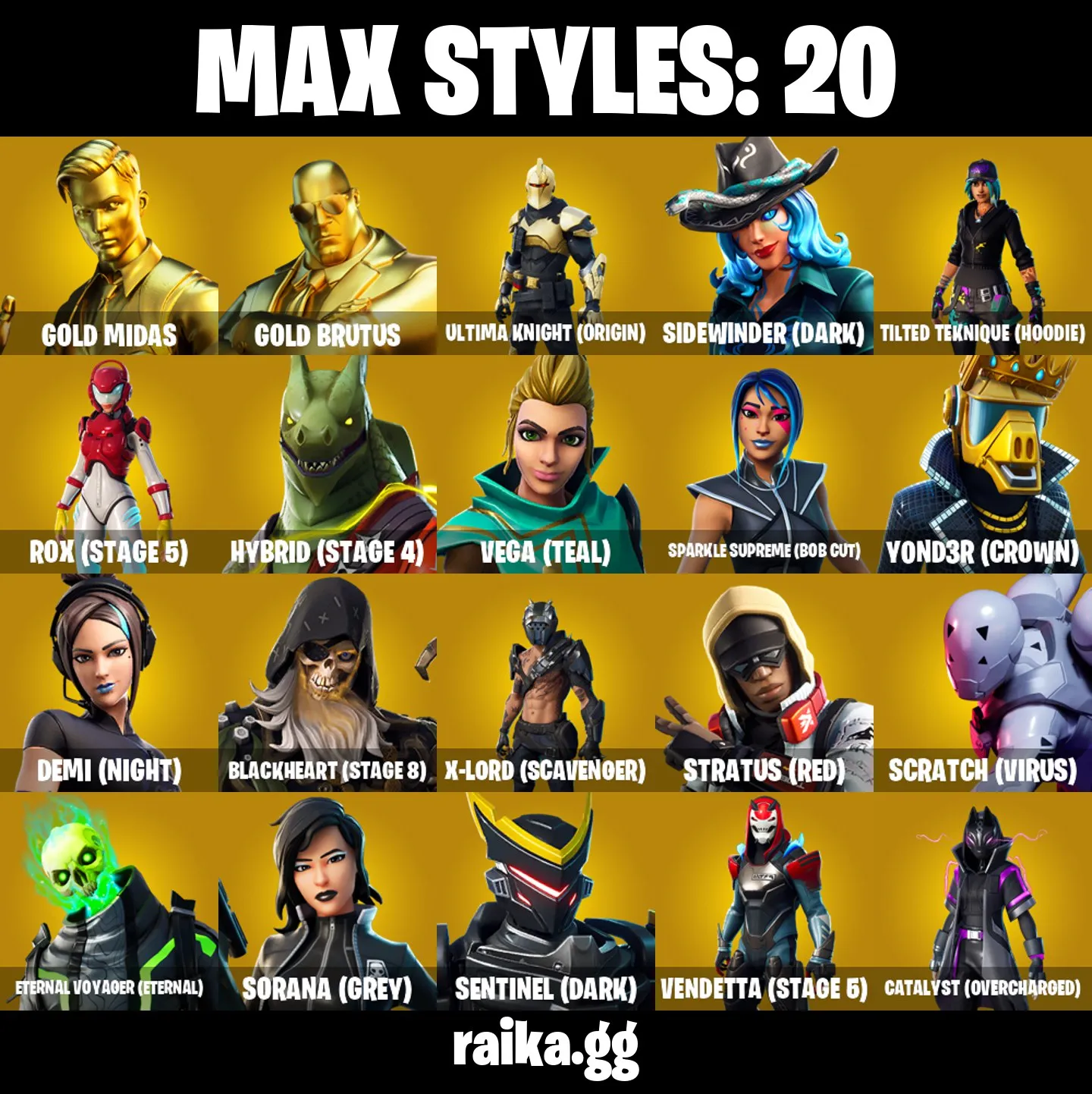 ✨42 skins✨Gold Midas✨Gold Brutus✨Blue Striker✨Ultima Knight✨Rox (Stage 5)✨Hybrid (Stage 4)✨Deadpool✨Hot Marat