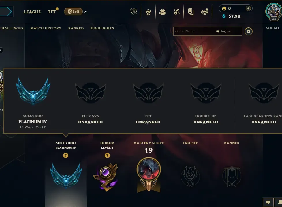  NA Platinum IV Smurf 90% Win Rate 57K BE Unverified Changeable ID