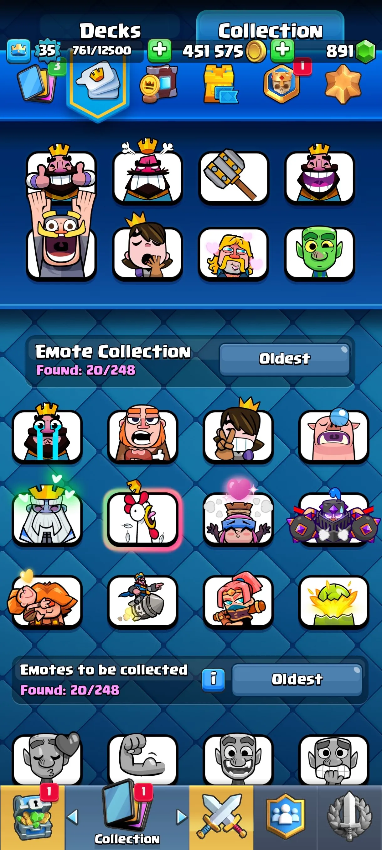 CR670 7518 cups 6 Evolutions 20 Legendary 118 cards 891 gems 451575 gold King 35 Arena 20 tower skins emotes badges