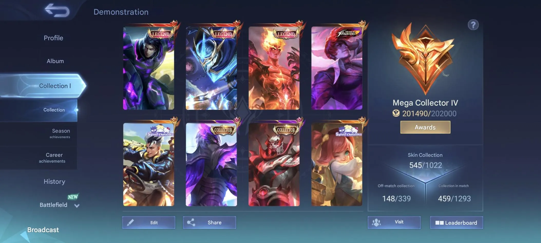 ML535 501 Stars 3 Legend KOF Chou Sanrio Claude Chang’e Graduate Leila 5 Collector 545 Skins