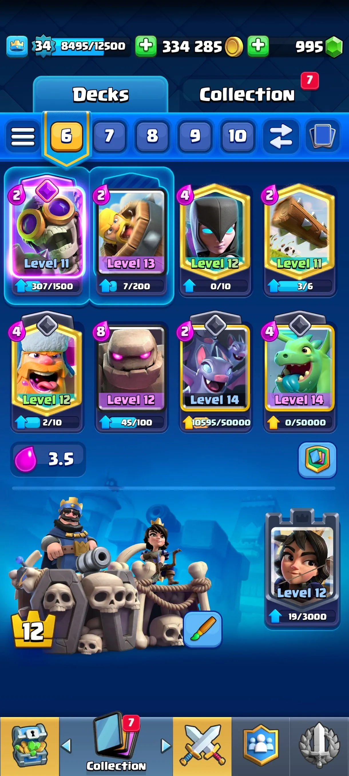 CR673 7635 cups 3 Evolutions 18 Legendary 113 cards 995 gems 334285 gold King 34 Arena 20 3 tower skins 26 emotes