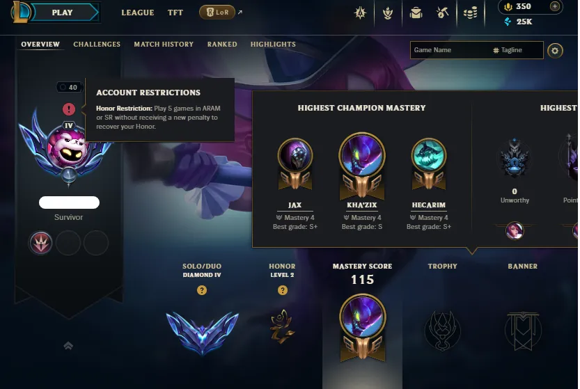 Diamond 1 MMR🔥Diamond 4 88LP 67%WR +30/-10LP Gains Handleveled💎25K BE 12Skins 350RP✅Lifetime Ownership Guarantee ⸱ Never Taken Back✔️Recovery info included