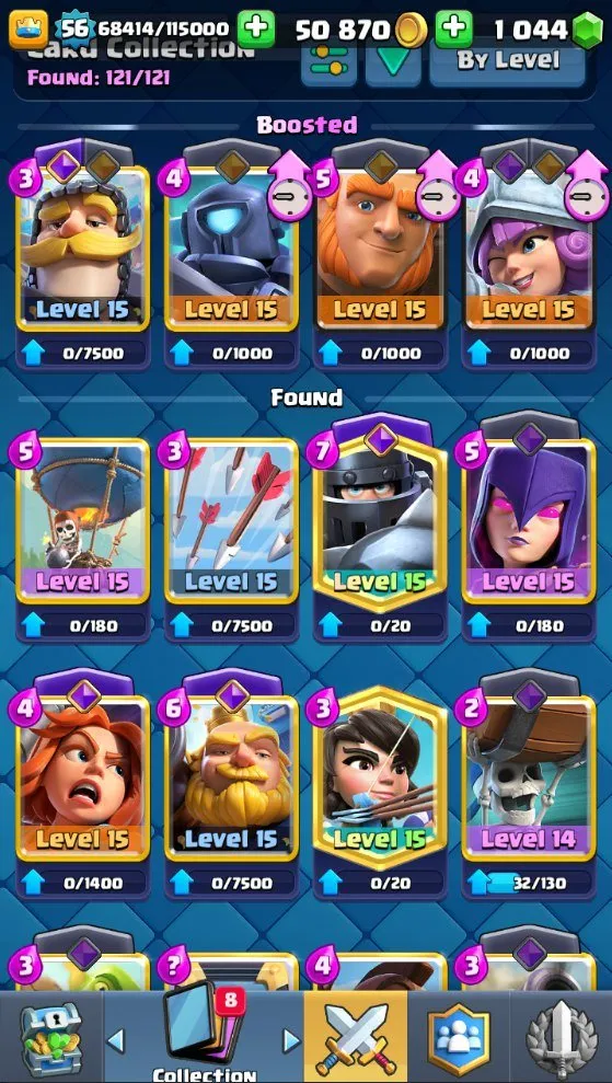 CR715 Level 56 deck with Balloon 9 level 15 23 level 14 10 evolutions 10k trophies Arena 24 50k gold 1k gems 81 emotes all 121 cards unlocked