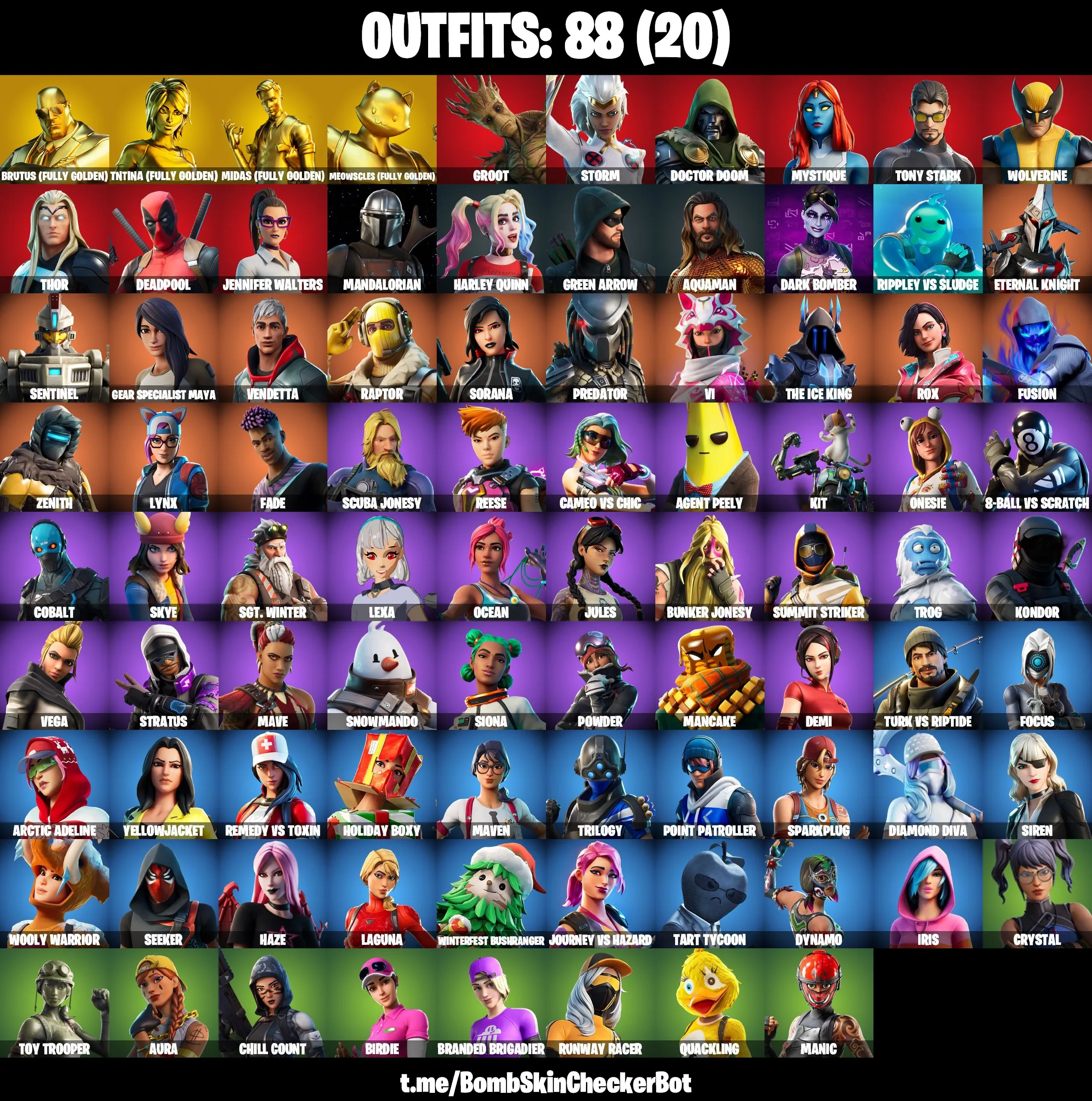 [PC/PSN/XBOX] ♨️ 88 SKINS ⭐ Midas ( Fully Golden )⭐ Brutus ( Fully Golden )⭐Lynx⭐The Ice King⭐Harley Quinn⭐Storm⭐Jules⭐Sparkplug⭐Orange Justice⭐Harley Hitter⚡Email Changeable