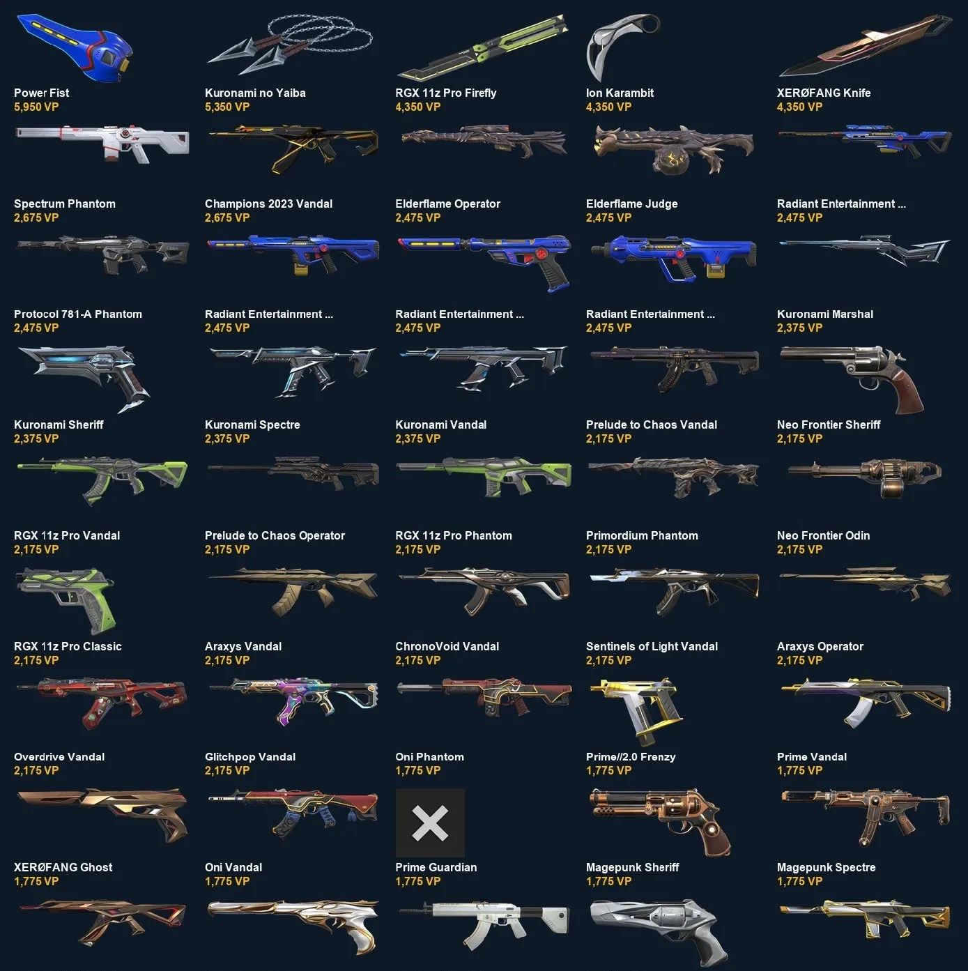 V107 //Power Fist, Kuronami no Yaiba, RGX 11z Pro Firefly, Ion Karambit, XERØFANG Knife, Spectrum Phantom, Champions 2023 Vandal, Elderflame Operator, Elderflame Judge, Radiant