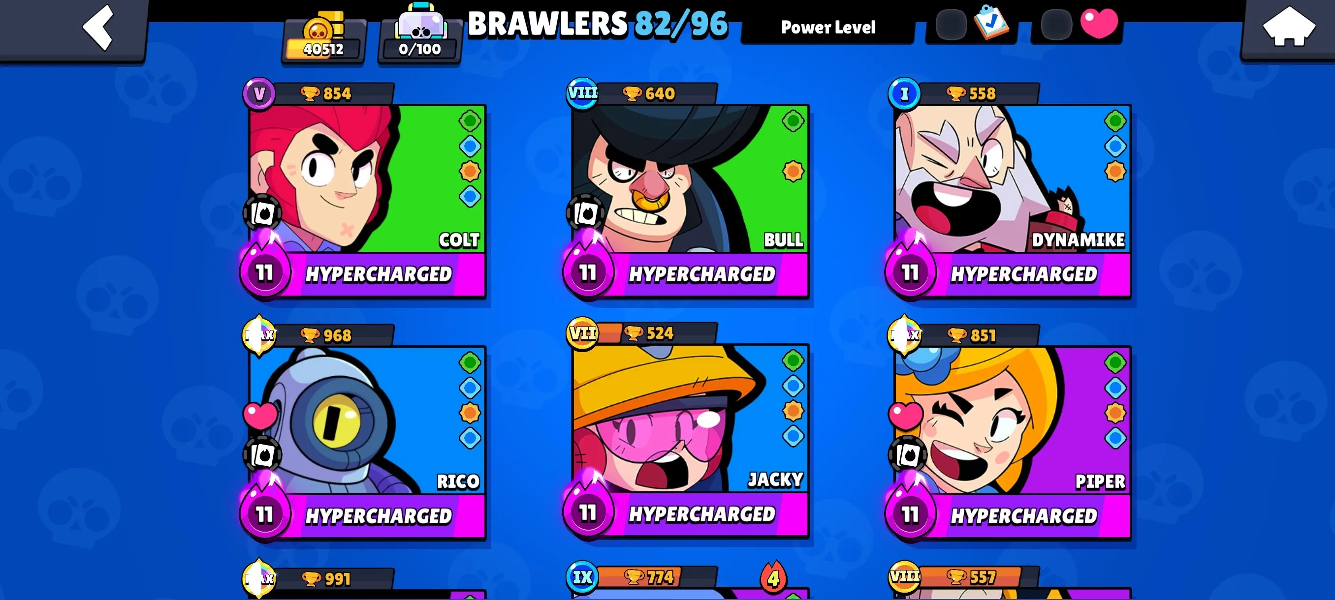 BS1923 40512 Trophies | 82 Brawlers |184 Skins|  20 Max  |Power 11 Hypercharged Colt Bull Dynamike Rico Sky Piper Gray ZOJ Max Brawler | 3 BP Rare | 65 Super Rare 