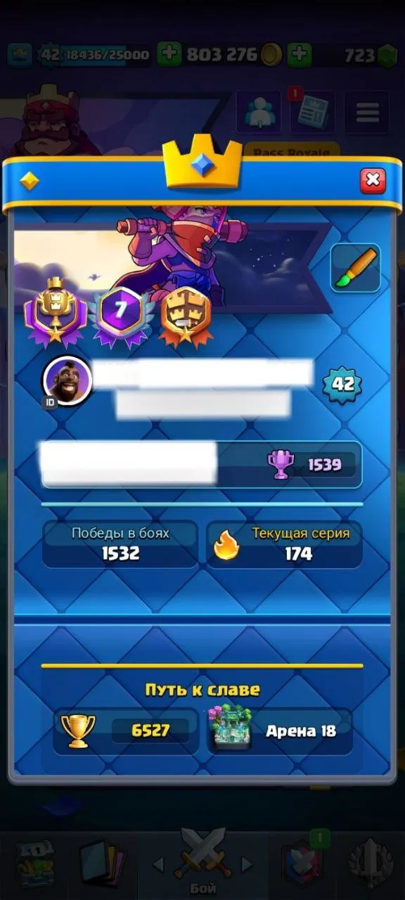 CR549 Old 2018 dual game acc, 7 year badge, 9 evolutions, 21 legendary cards, 6 tower skins, 46 decorations, 51 frames, 803k gold, 723 gems