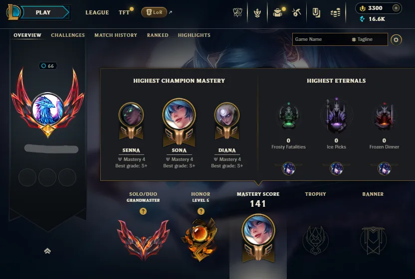🔥LVL66 Grandmaster 600LP 64%WR Handleveled💎3200RP 16K BE 65Champs + LOOT⭐Name Changeable✅Lifetime Ownership Guarantee