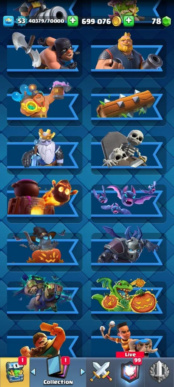 CR544 ULTIMATE CHAMP 9742 trophies 78 emotes 5 level 15 cards 18 level 14 cards 699k gold 21 legendary cards 62 banners