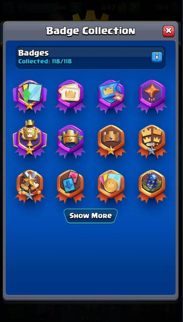 CR613 DL3 KT14 lvl 44 MAX 1 14 lvl 7 EVO 9 7500 trophies 54 emotes 5 tower skins 184 gems 447 gold