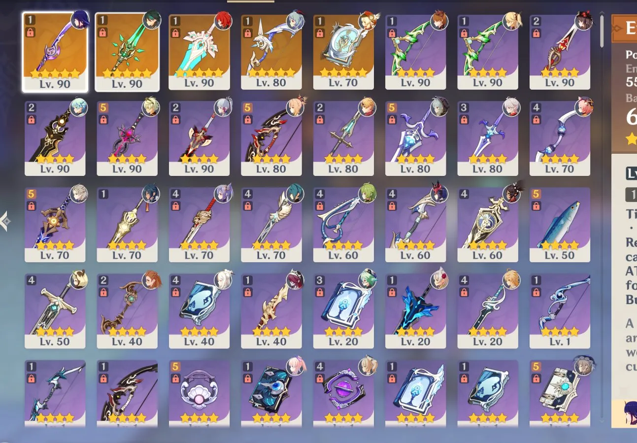 GI1096 Raiden, Ganyu, Xiao C1, Hu Tao, Kazuha, Albedo, Ayaka, Tartaglia, Yoimia, Kokomi, Klee + many 5 star weapons boosted AR57 (G)