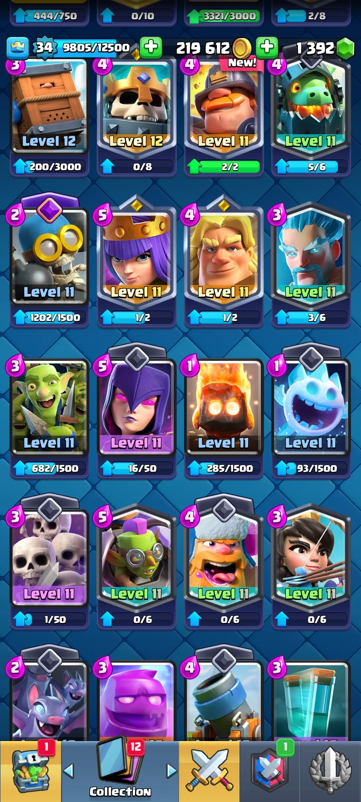 CR672 7632 cups 6 Evolutions 20 Legendary 116 cards 1392 gems 219612 gold King 34 Arena 20 3 tower skins 26 emotes