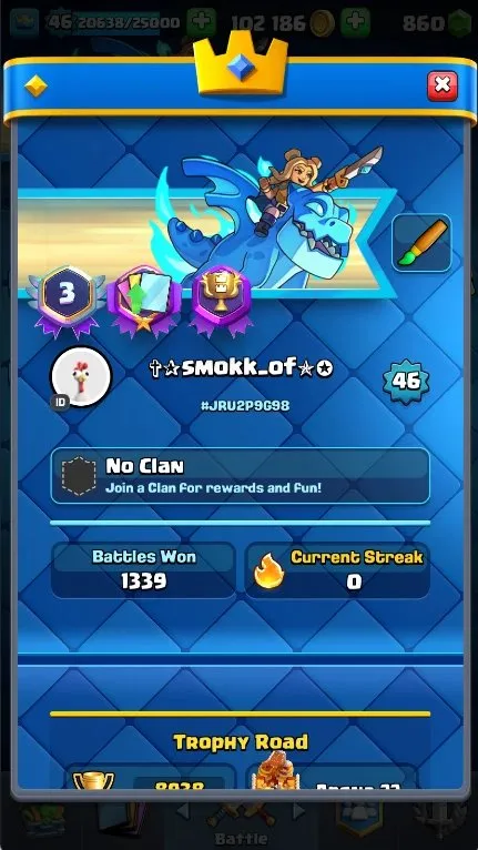 CR611 B625 KT14 lvl 46 MAX 3 13 lvl 4 EVO 8 8938 trophies emo 34 towers 4 860 gems 102k gold cards 118