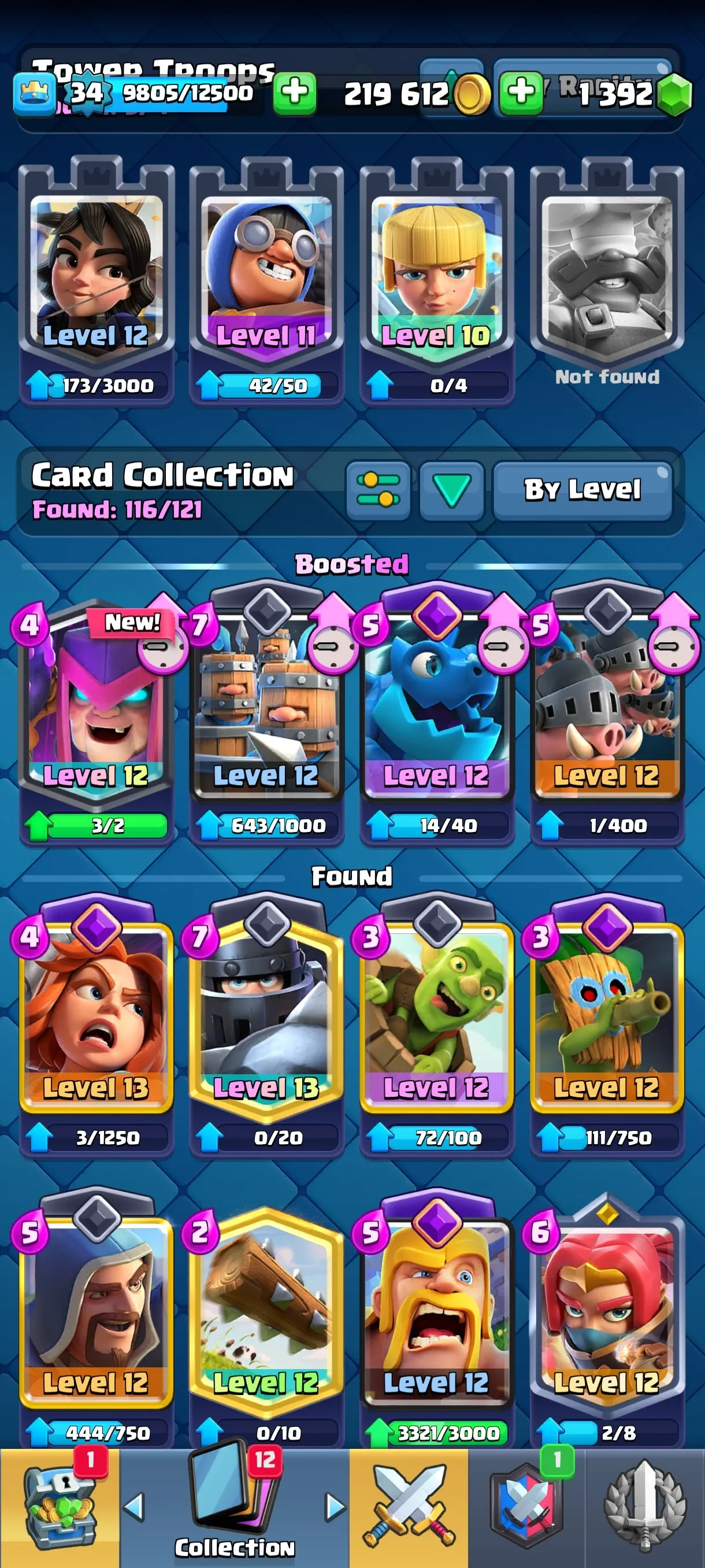 CR672 7632 cups 6 Evolutions 20 Legendary 116 cards 1392 gems 219612 gold King 34 Arena 20 3 tower skins 26 emotes