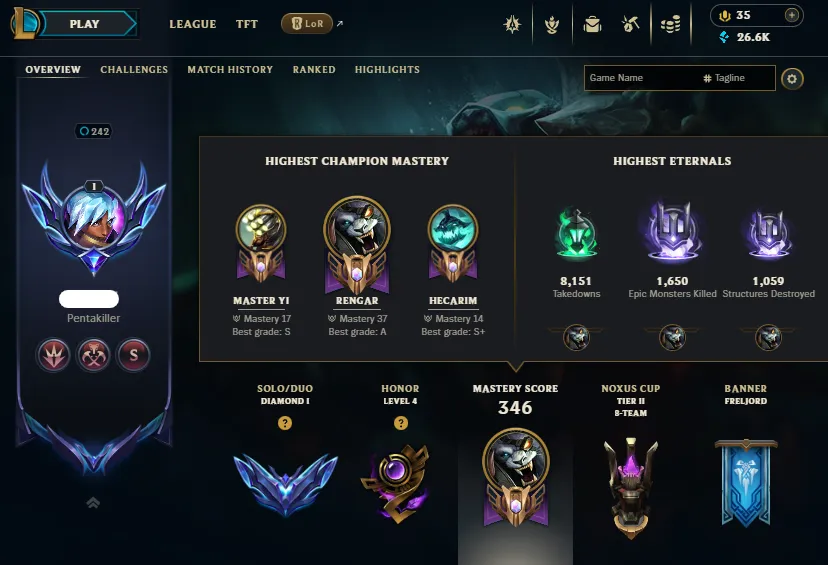 HUGE SALE!š„LVL242 Diamond 1 34LP Handleveledš145Champs 83Skins 26K BEāDiamond Rewardsā
Lifetime Ownership Guarantee - Never Taken Back