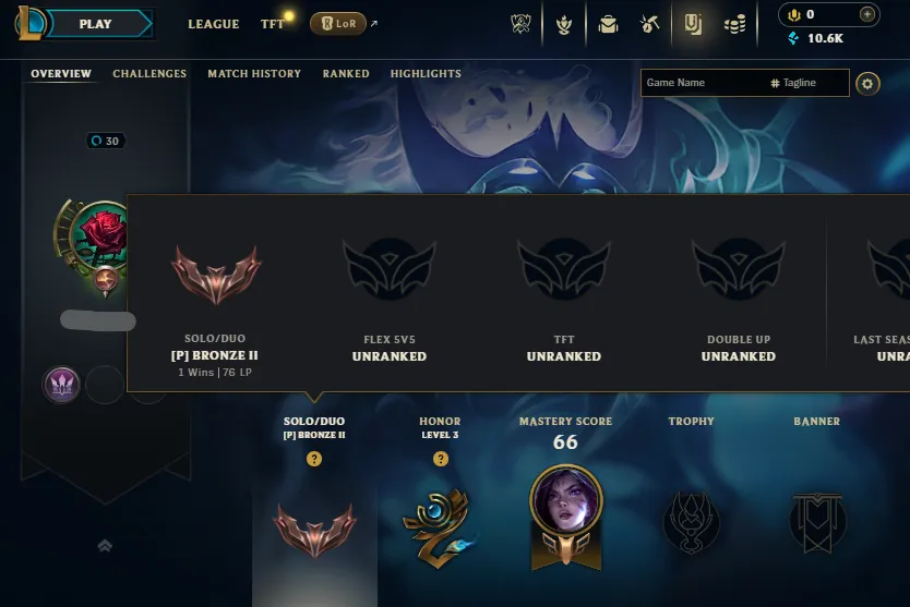 🔥Bronze 2 76LP (1W/0L in Placements) Handleveled💎10K BE 38Champs 2Skins⭐Name Changeable🔓Unverified Email✅Lifetime Ownership Guarantee