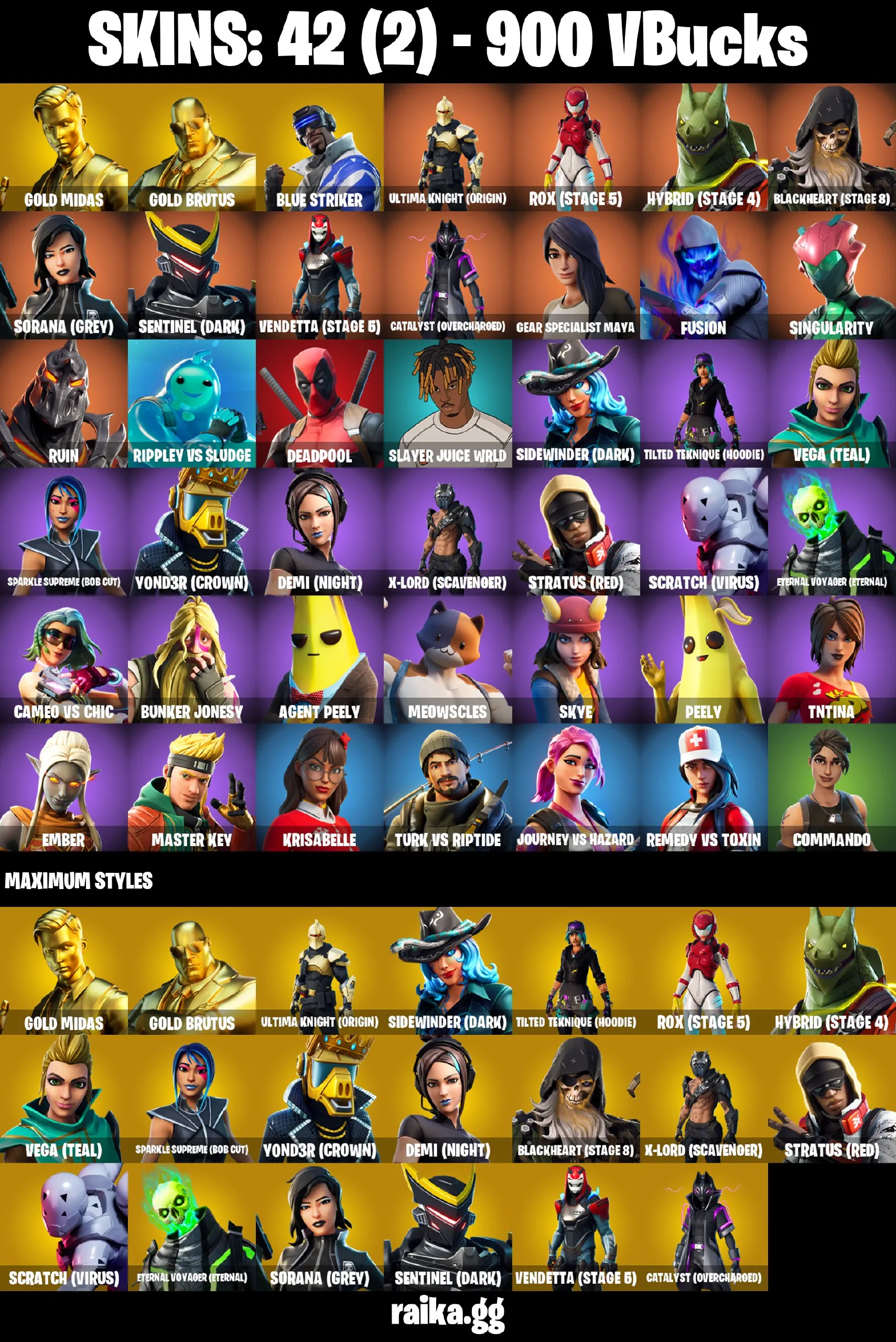 ✨42 skins✨Gold Midas✨Gold Brutus✨Blue Striker✨Ultima Knight✨Rox (Stage 5)✨Hybrid (Stage 4)✨Deadpool✨Hot Marat