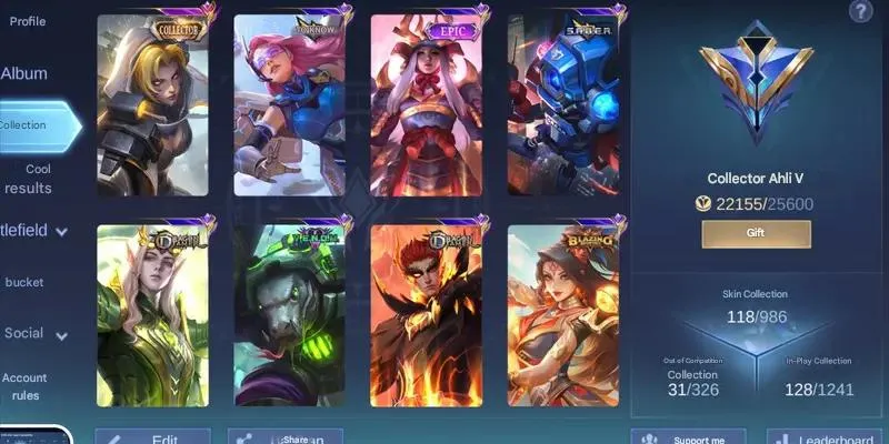 ML554 Hero 66 | 118 Skins | 1 Collector | 10 Epic | Collector Ahli V | Mythic Rank