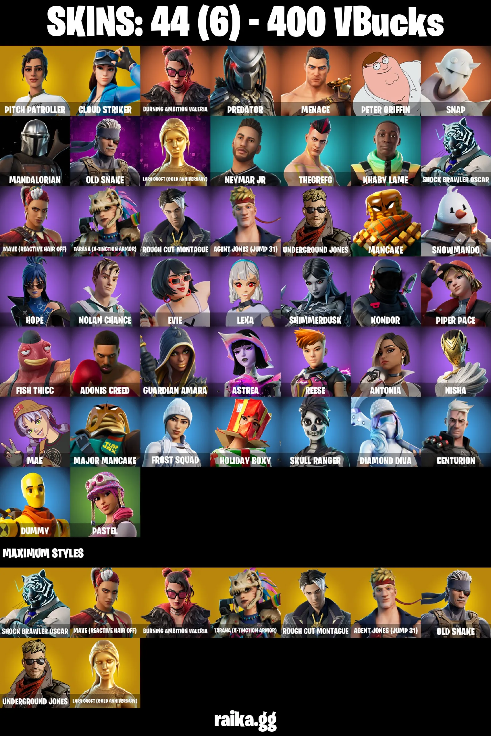 🔥44 skins🔥Lara Croft (Gold)🔥Reaper🔥Pitch Patroller🔥Cloud Striker🔥Predator🔥Menace🔥Peter Griffin🔥Snap🔥Skull Ranger🔥Old Snake