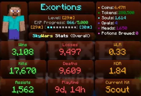 MC41 // MVP+ 266 LVL | 29 Star SkyWars | 191 Star BedWars | Lunar Cosmetics (Valentine White, School Glasses, Pixelated Black, Snowflake Wings)