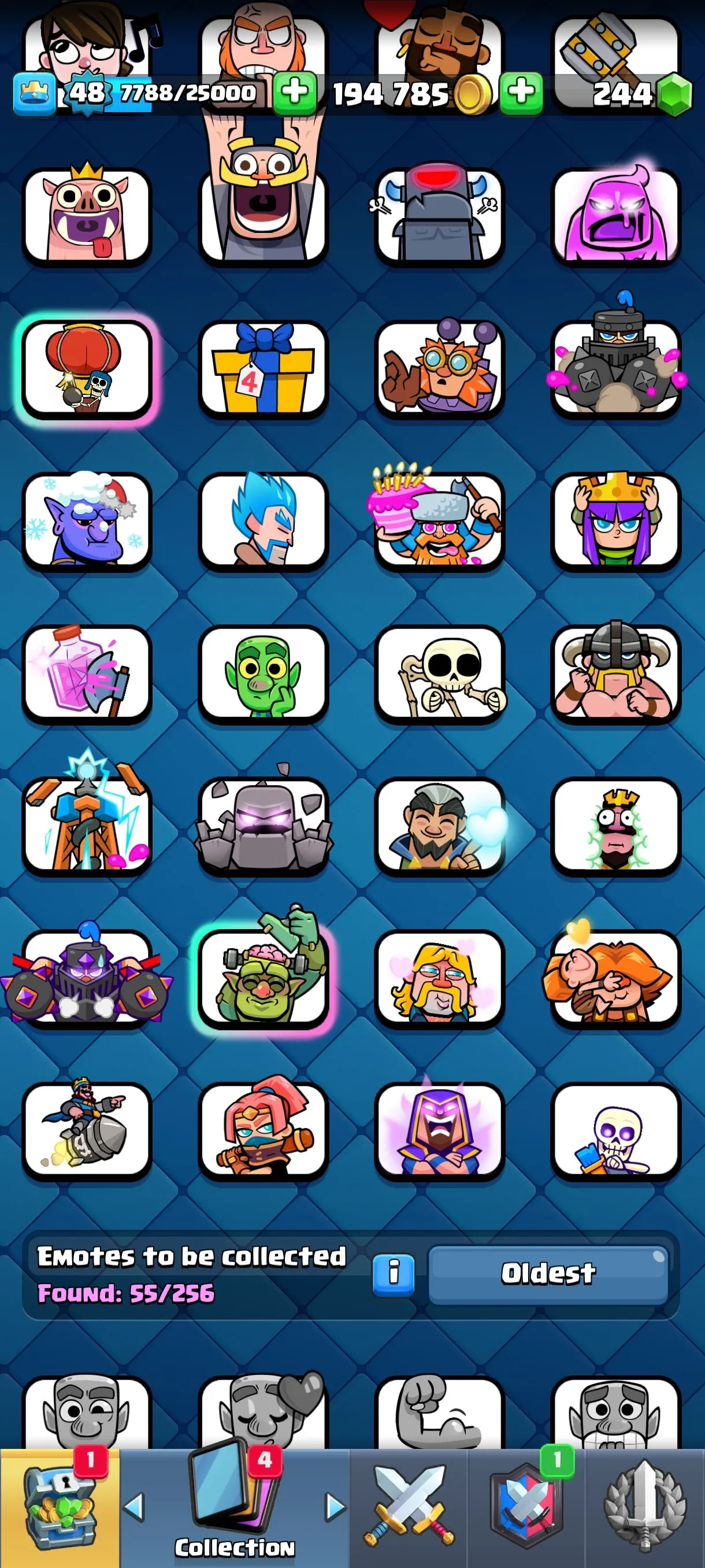 CR535 10,000 Trophies - Level 48 - 11 Evolutions - 55 Emotes - 7 Tower Skins - 121/121 Cards - 194,785 Gold - 244 Gems