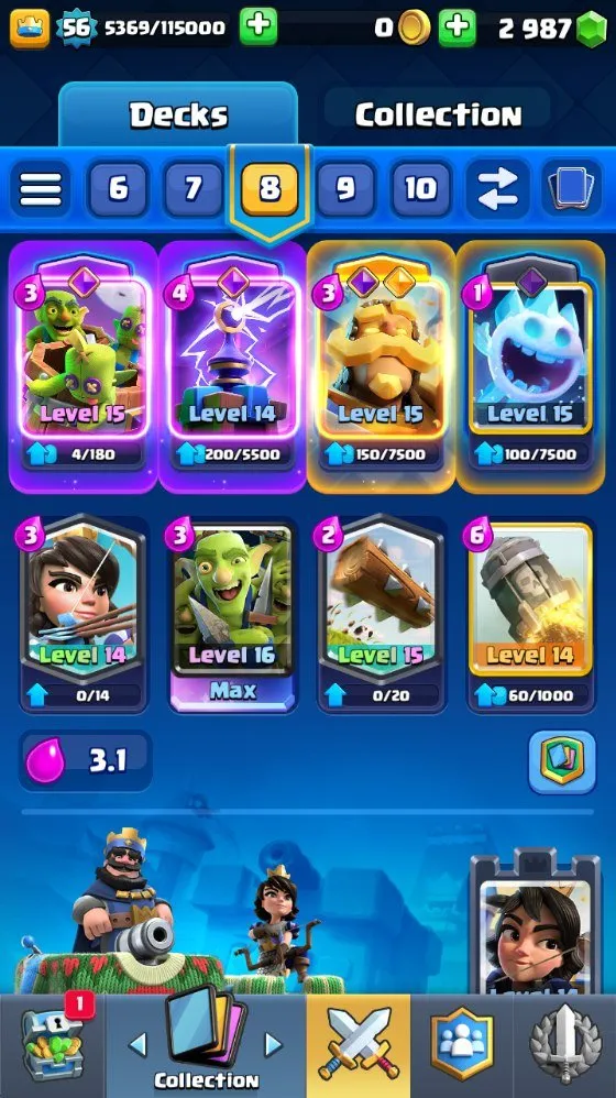 CR557 10k trophies lvl 56 max cards 121 cards 19 legendary 7 evolutions 40 emotes valkyrie deck arena 24 2900 gems strong magic items