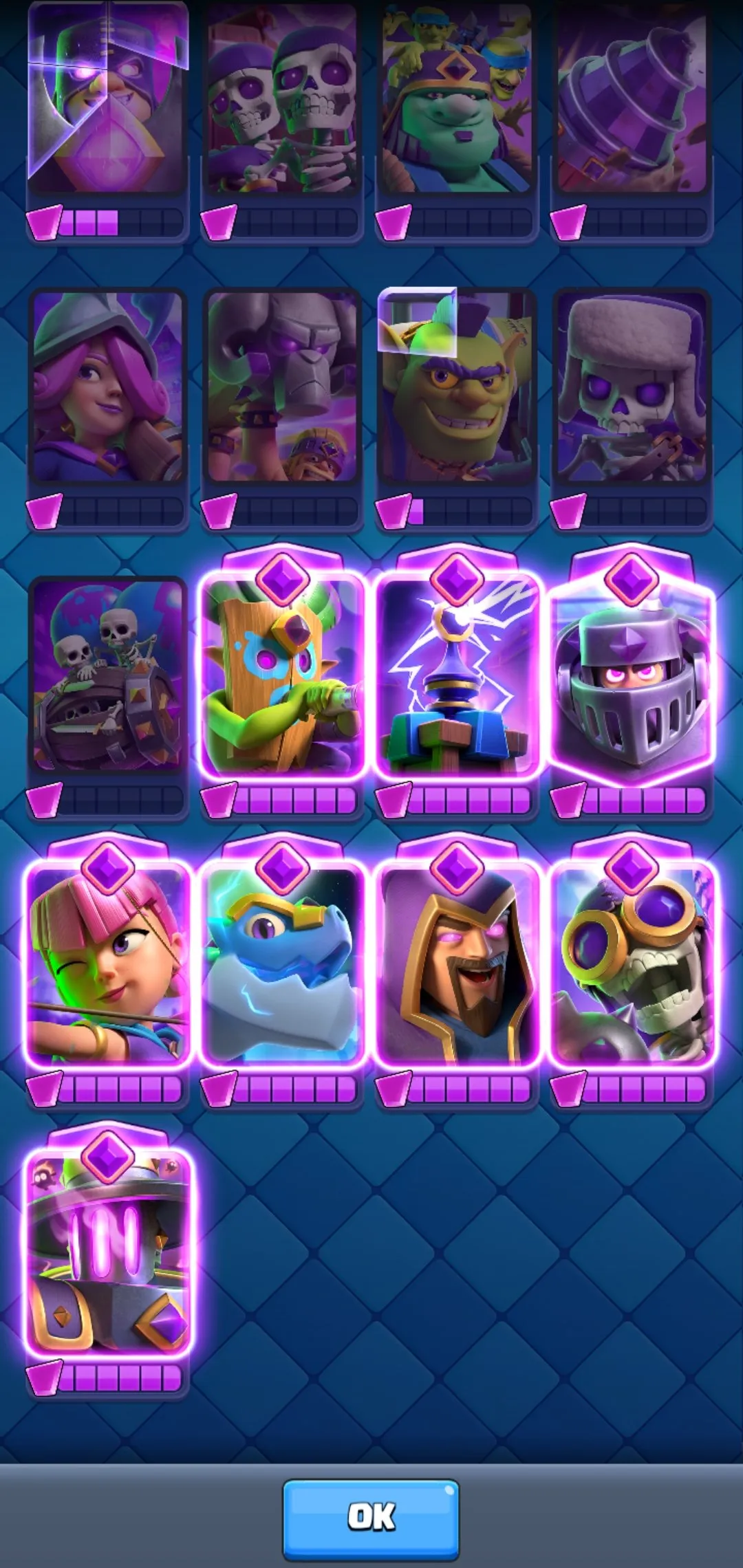 CR568 8 Evolve star 10000 Trophies 121/121 Cards 22 Legendary 31 Emotes 5 Tower Skins 716 Gems 167k Gold Level 44