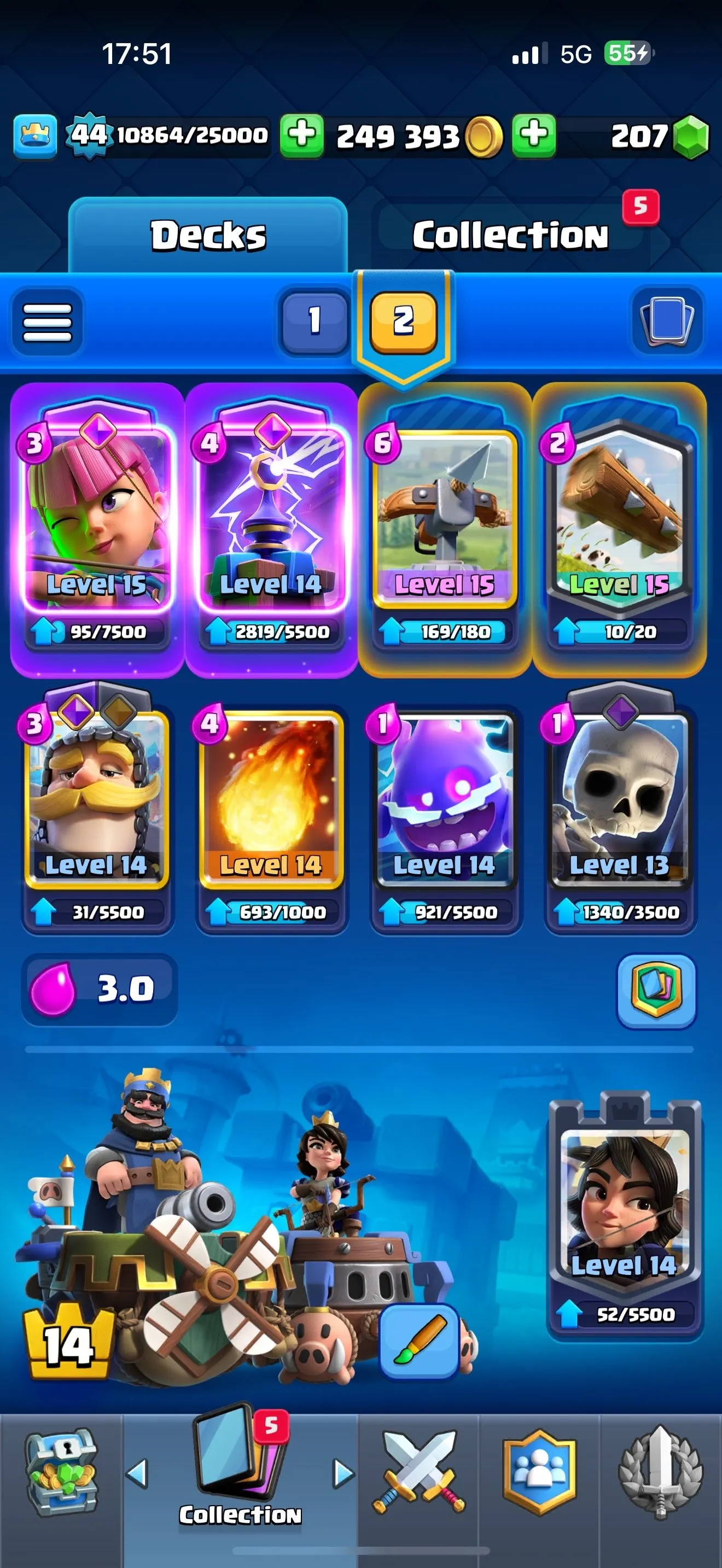 CR623 V44 Arena25 10000 Trophies Xbow 3.0 Deck Baby Siya 250K Gold 3 Shard Evo 9 Evo Cards 3 LV15 Cards 6 LV14 Cards 22 Legendaries 120 Cards Free Name Change