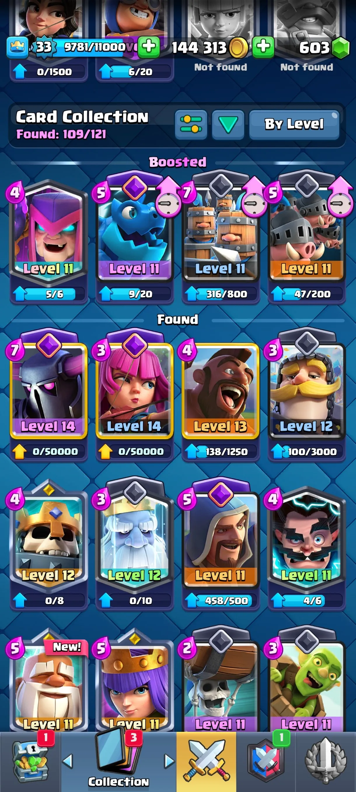 CR669 7557 cups 6 Evolutions 14 Legendary 109 Cards 603 gems 144313 gold King 33 Arena 20 rich collection