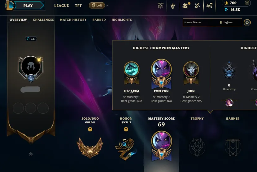 Emerald 4 MMR🔥Gold 2 94LP 69%WR Handleveled💎30K+ BE 700RP 27Champs 5Skins⭐Name Changeable✅Lifetime Ownership Guarantee