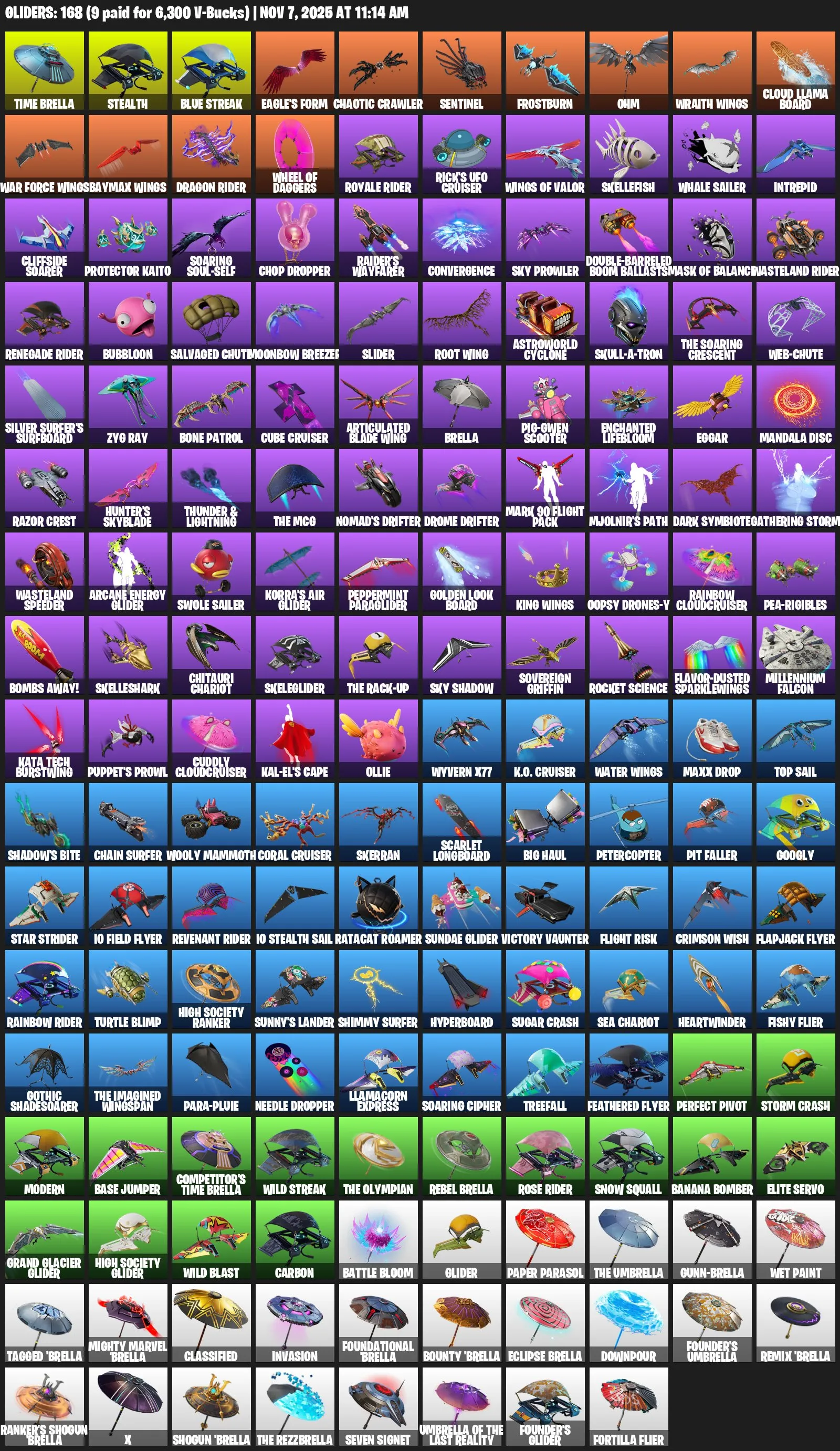 F845 347 Skins + Travis Scott, Elite Agent, Merry Mint Axe, Take The L, Otlega, 271 Pickaxes, 168 Gliders