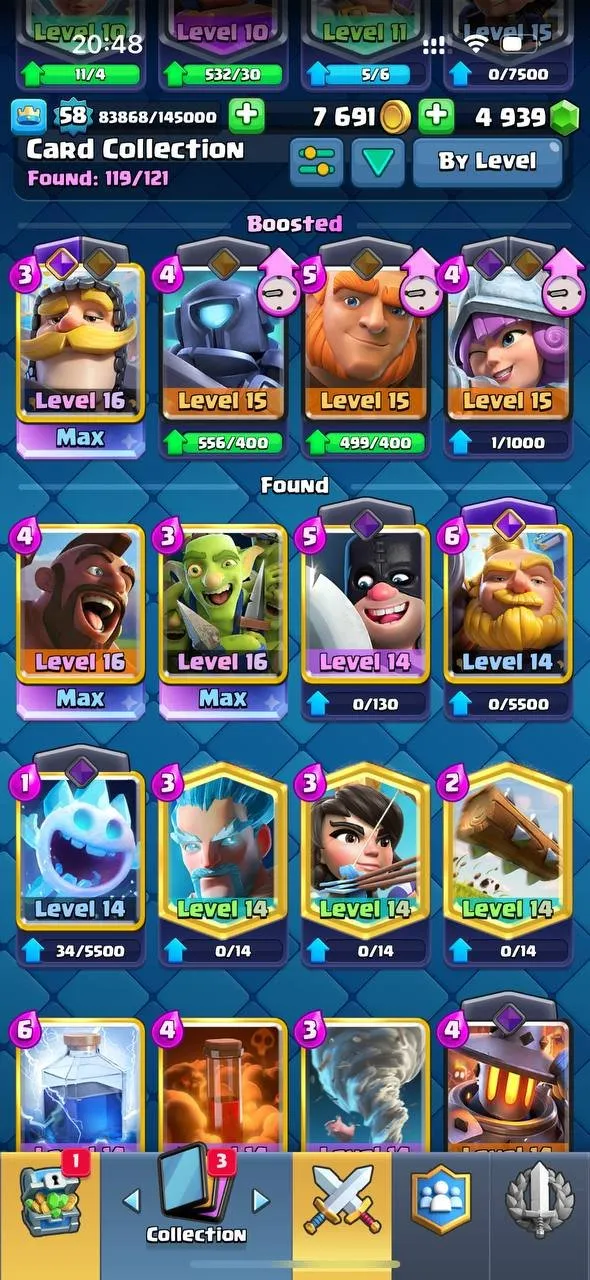 CR546 Arena 20 Level 58 | 7.6k Trophies | 19 Legendary Cards | 5 Evolutions | 4900 Gems | 33 Emotes | 119 Cards