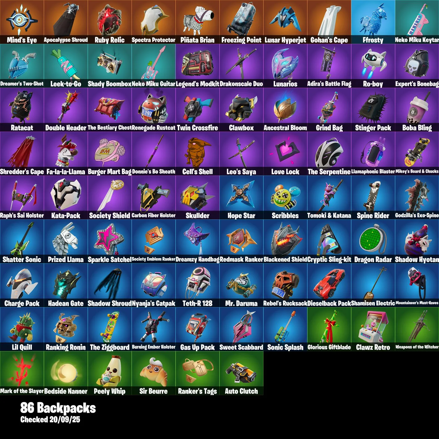F1216 71 Skins Including Sultura, Cymitar, Snowtooth, Cassidy Quinn, Son Gohan, Peter Griffin, Paradigm, Omega, Spectra Knight, Nezumi (G)