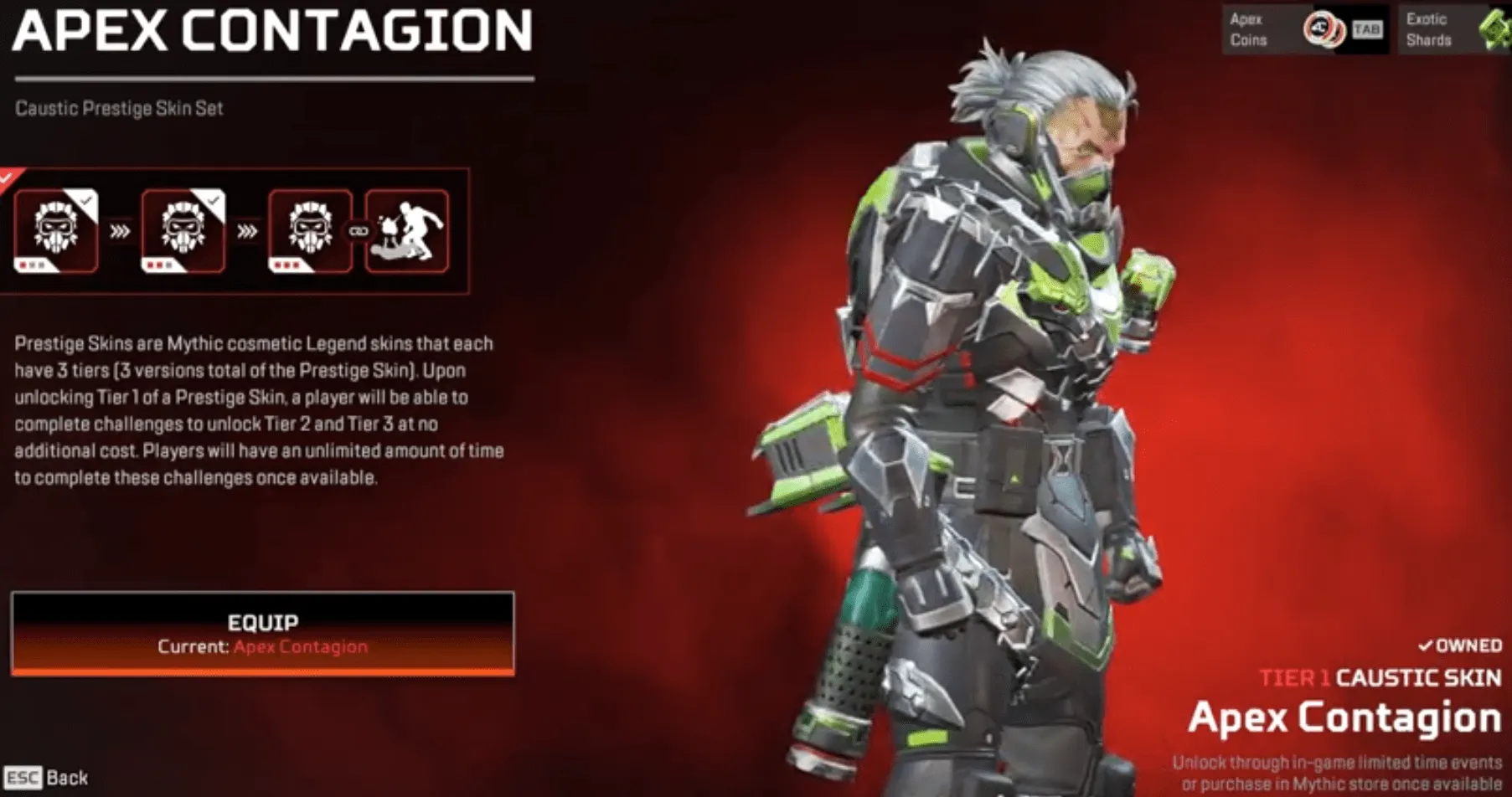 AP631 Prestige Caustic Apex Contagion + Revenant Death Grip Heirloom, Level 96 Rookie, 97 Legendary Skins