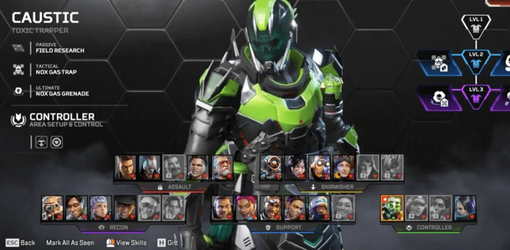 AP631 Prestige Caustic Apex Contagion + Revenant Death Grip Heirloom, Level 96 Rookie, 97 Legendary Skins