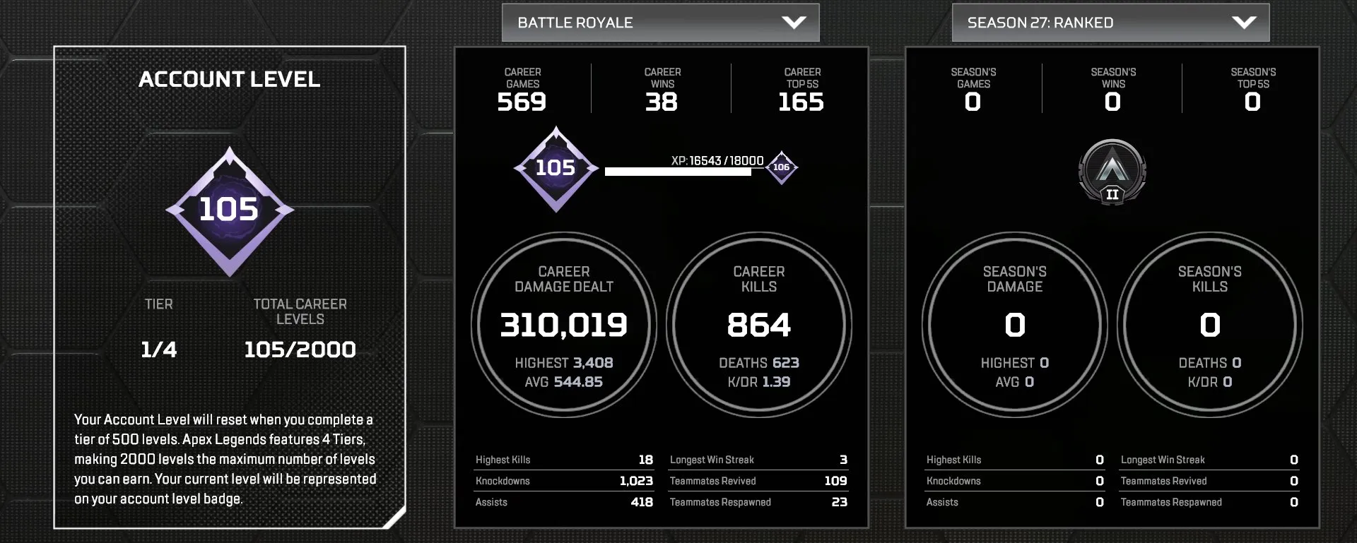 AP651 105 Level Account 42 Legendary Items Bloodhound Heirloom Raven’s Bite Winter Soul Pipe Dream El Tigre Glorious Combatant The Intimidator Desert Mirage Diamond S11