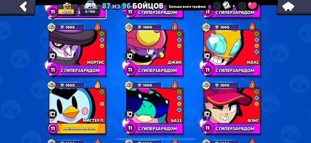 BS1778 11 hypercharges 41975 peak trophies 87 of 96 brawlers with multiple max rank 11 including Colt Dynamike Rico Stu Piper Frank Mortis (G).